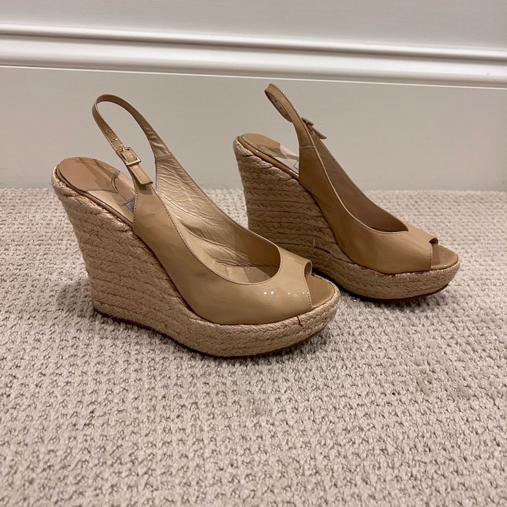 Jimmy Choo Beige Patent Leather Espadrille Wedge slingback sandals